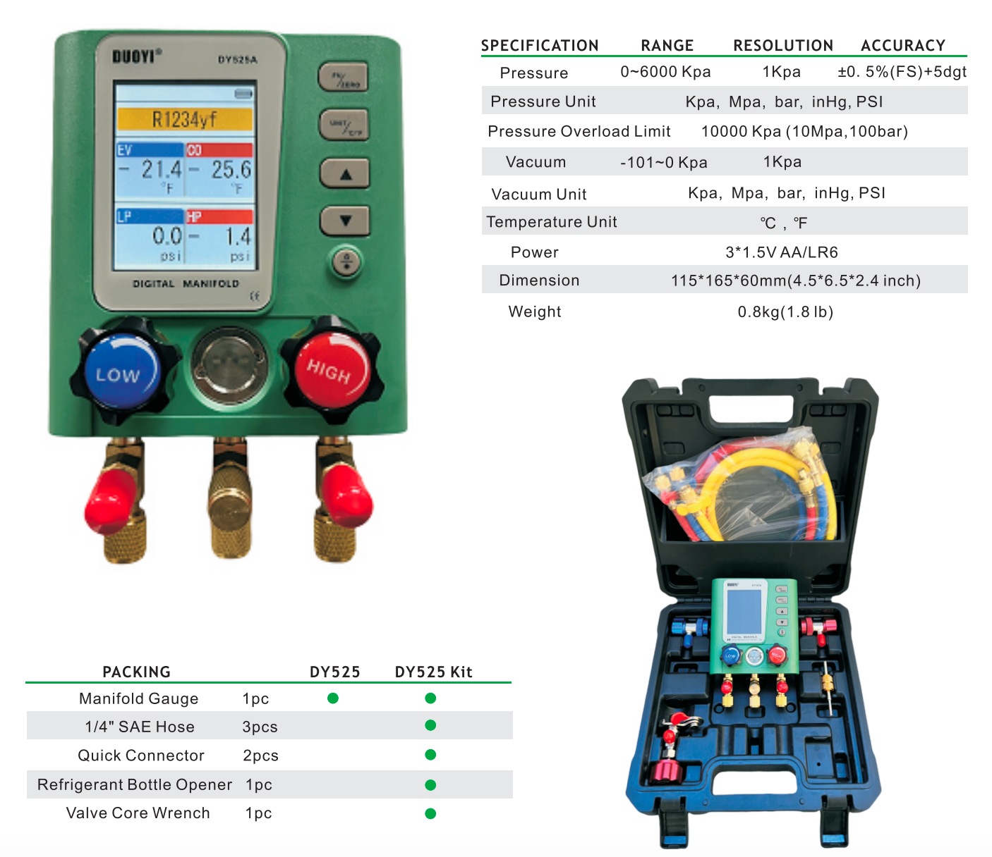 🔧 DUOYI DY525 / DY525 Kit Digital Manifold Gauge
